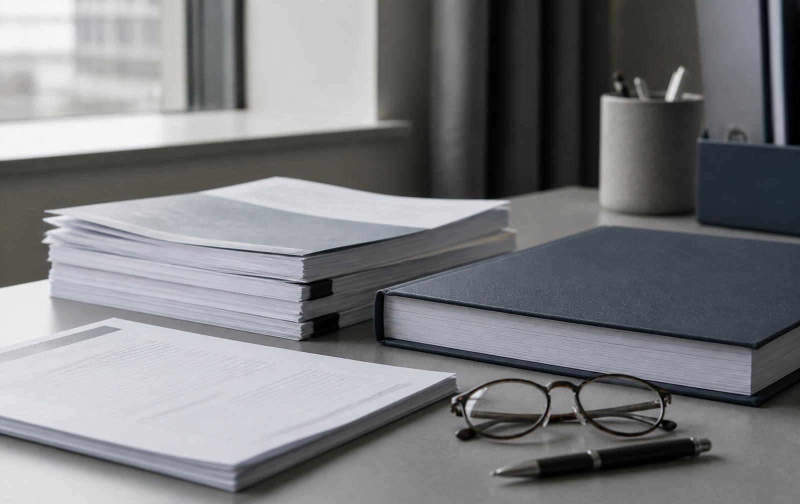 Printed policy documents and a bound report on a desk