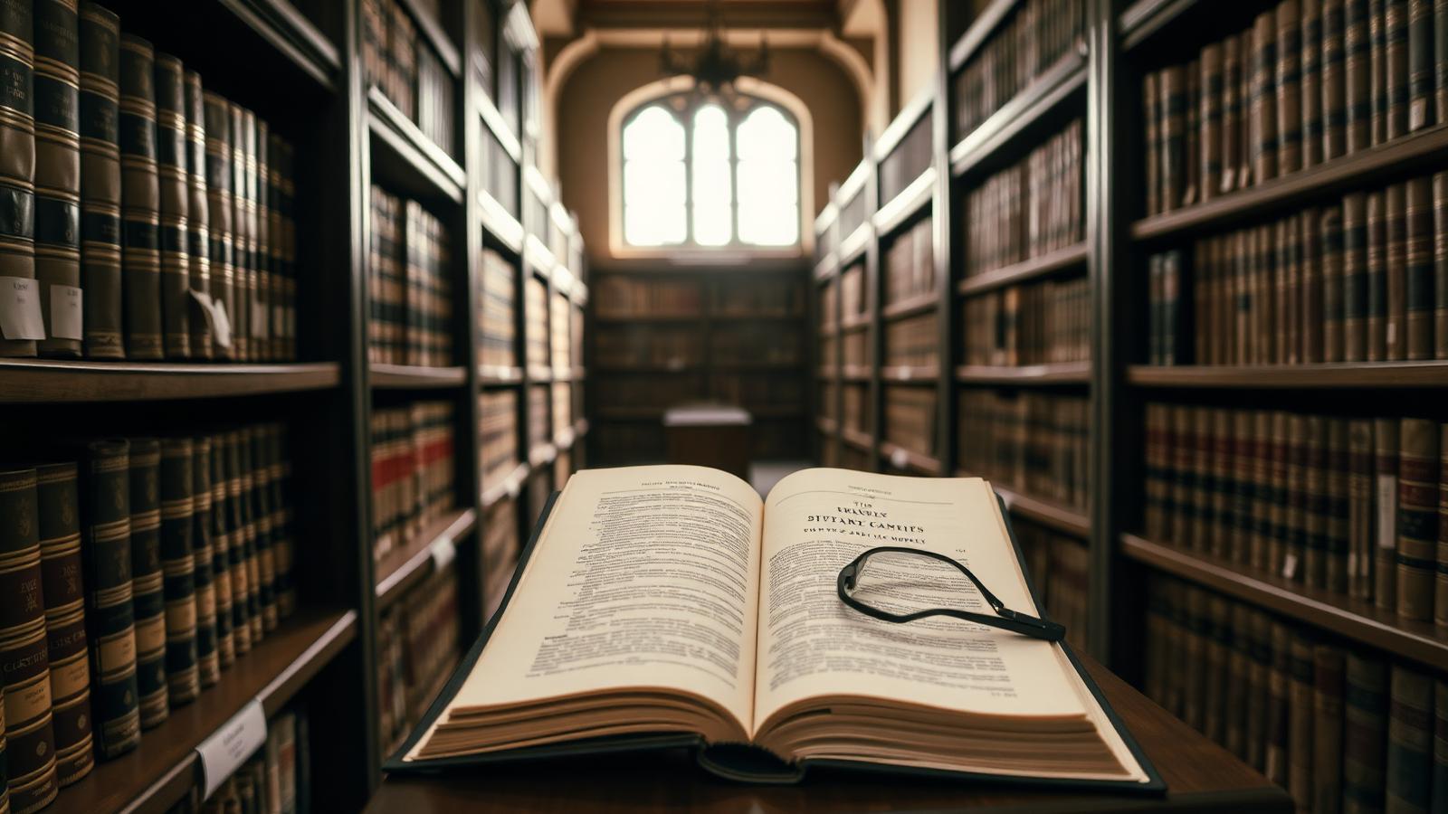 Open statute book and reading glasses in a classical law library