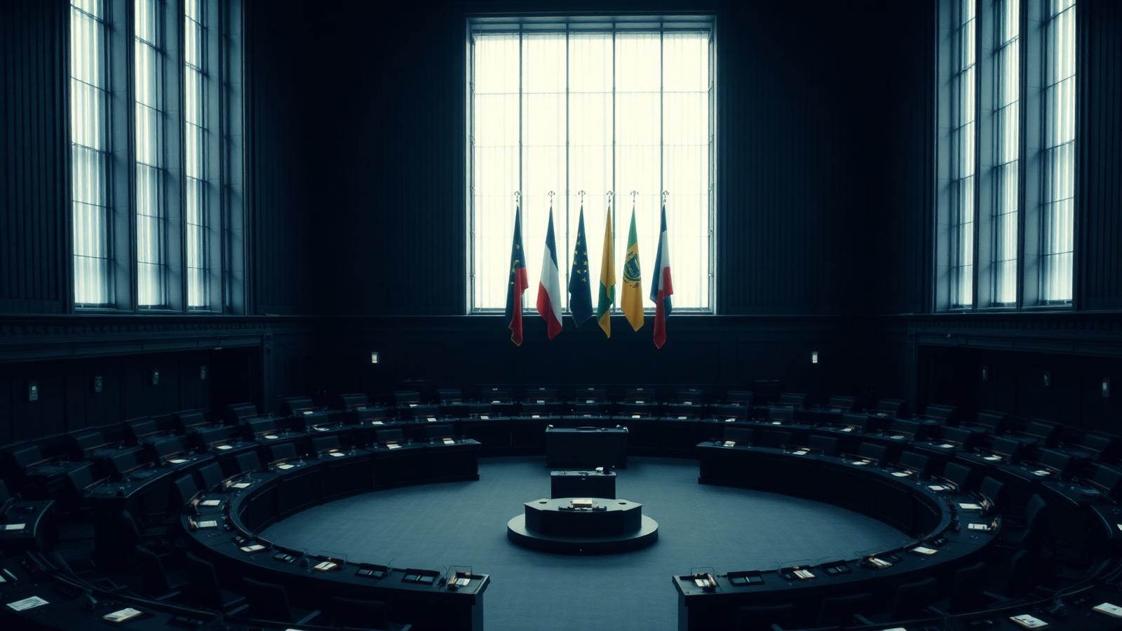 Empty European parliamentary chamber with flags and a hemicycle of desks