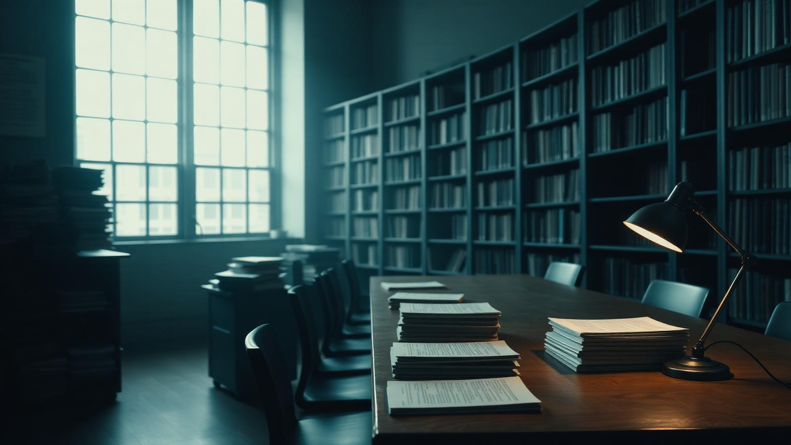 Research archive reading room with stacked journals and a desk lamp