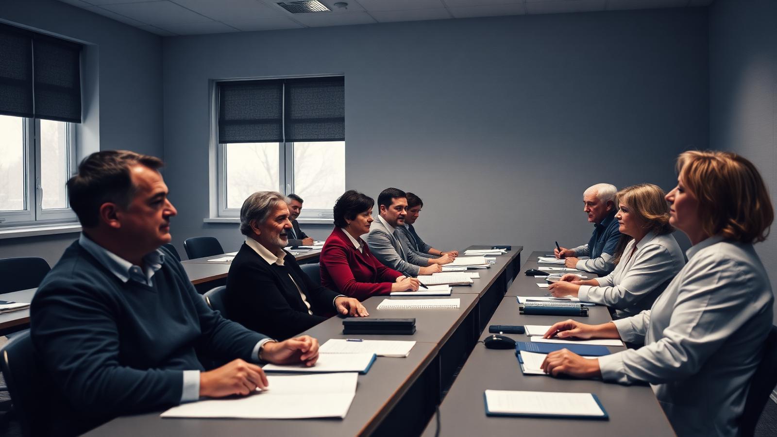 Professional training seminar with participants seated at a long table